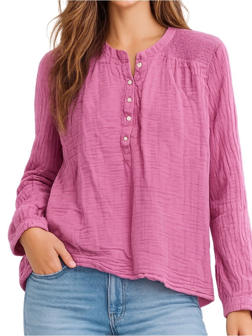 Dylan Small Pink Cotton Gauze Button Front Boho Blouse Top